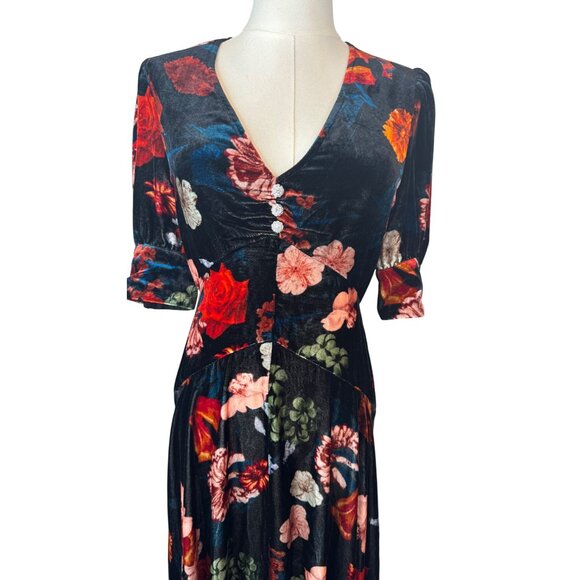 NWT Cara Cara 4 Floral Velvet Midi Dress Rhinestone Buttons V-Neck Puff Sleeves - Picture 6 of 16